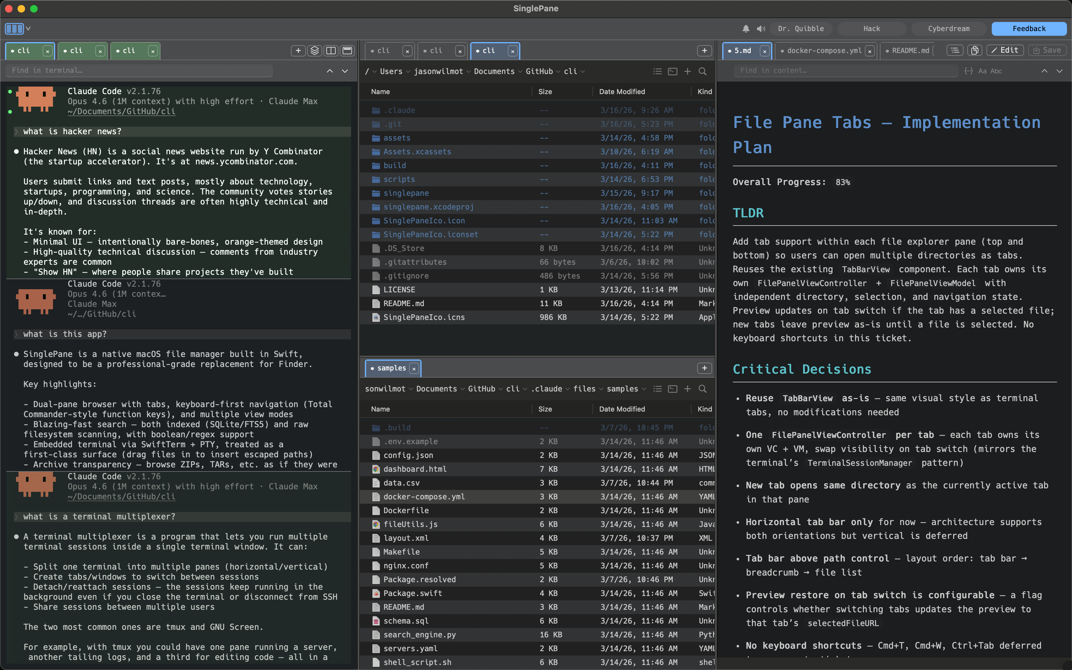 Single Pane — terminal, dual-pane file explorer, and markdown reader